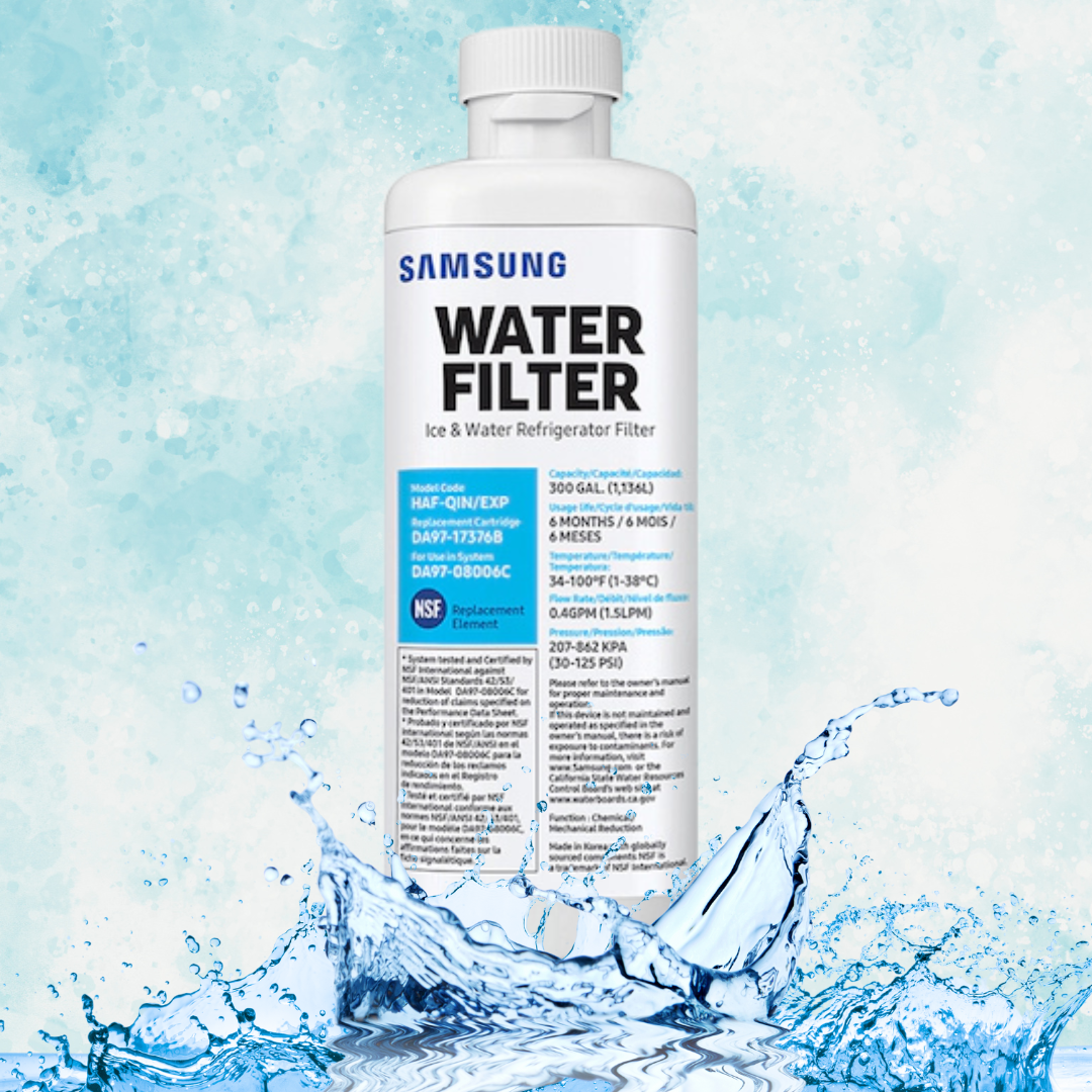 Samsung refrigerator RF28T5021SR water filter bottle with water splashing around on a light blue background.