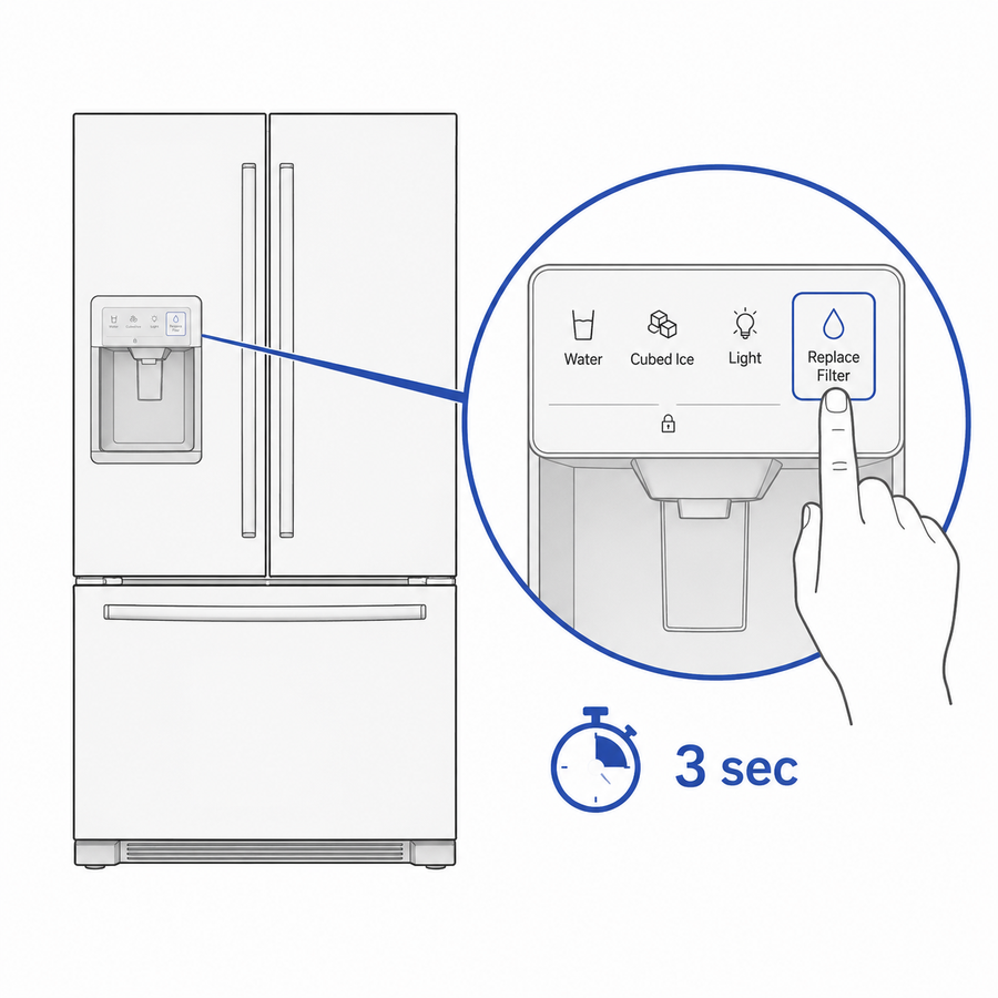 Hold refrigerator filter reset button for 3 seconds after flushing water