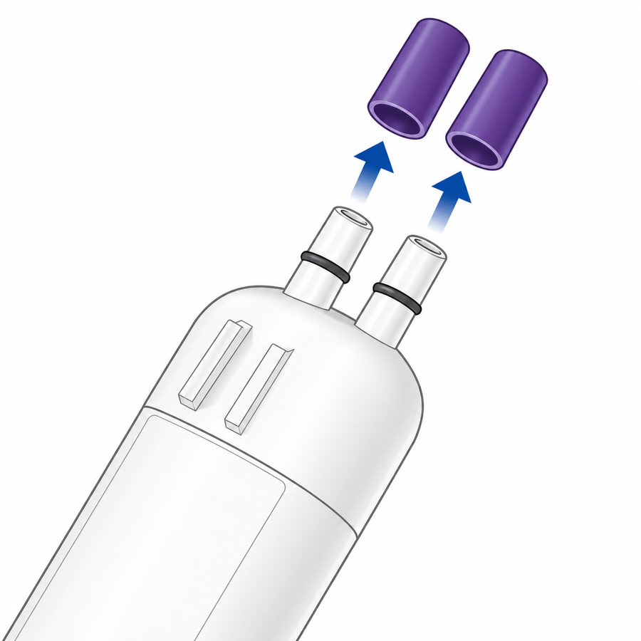 Remove O-ring covers from refrigerator water filter and point arrow upward
