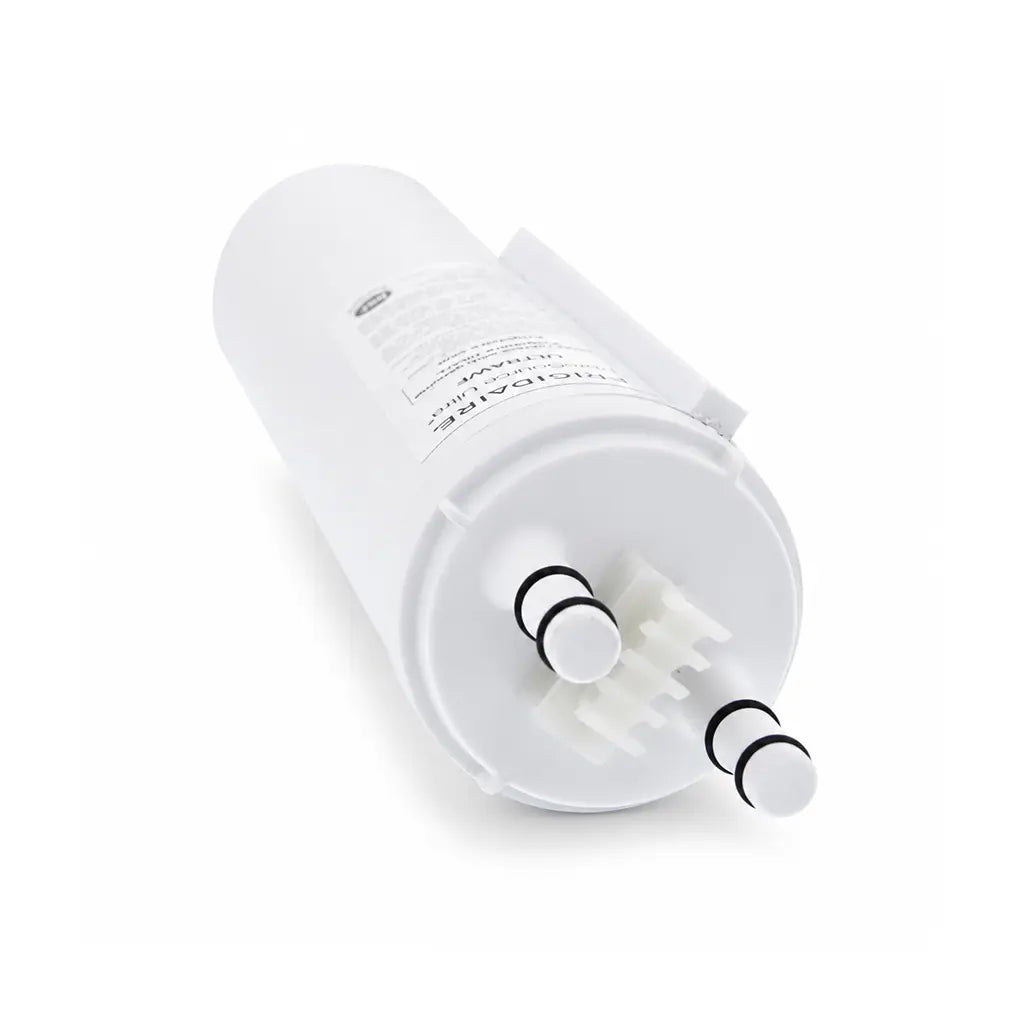 Close-up of the Frigidaire DGHF2360PF water filter showing the dual O-ring inlet connectors.