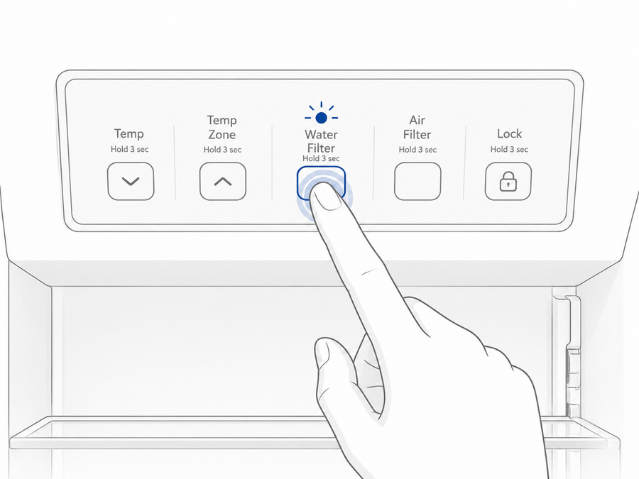 Hold refrigerator filter reset button for 3 seconds after flushing water
