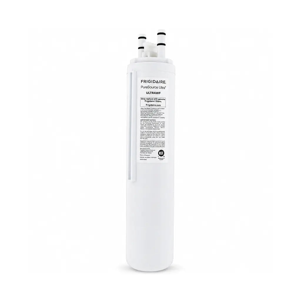 Frigidaire DGHF2360PF water filter standing upright with the PureSource Ultra ULTRAWF product label.