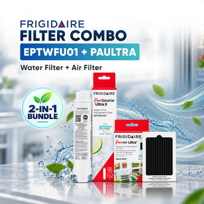 Frigidaire Filter Combo bundle containing EPTWFU01 water filter and PAULTRA air filter, shown with their retail packaging on a stylized water splash background.