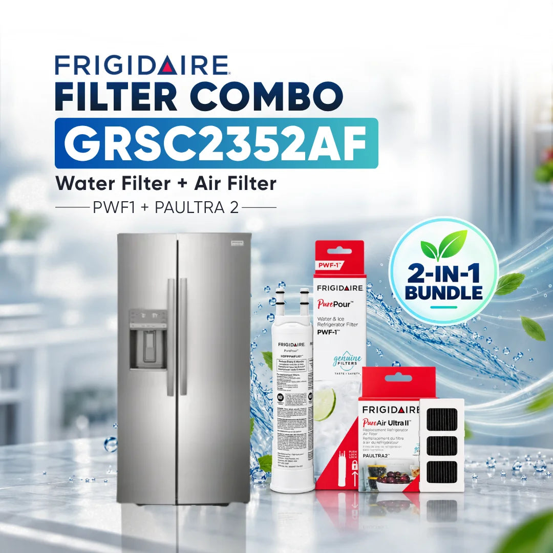 Frigidaire Filter Combo GRSC2352AF water filter and air filter set shown with a stainless steel refrigerator, white Frigidaire water filter cartridge, and red-and-white air filter packaging on a bright water-themed background with a 2-in-1 bundle badge.