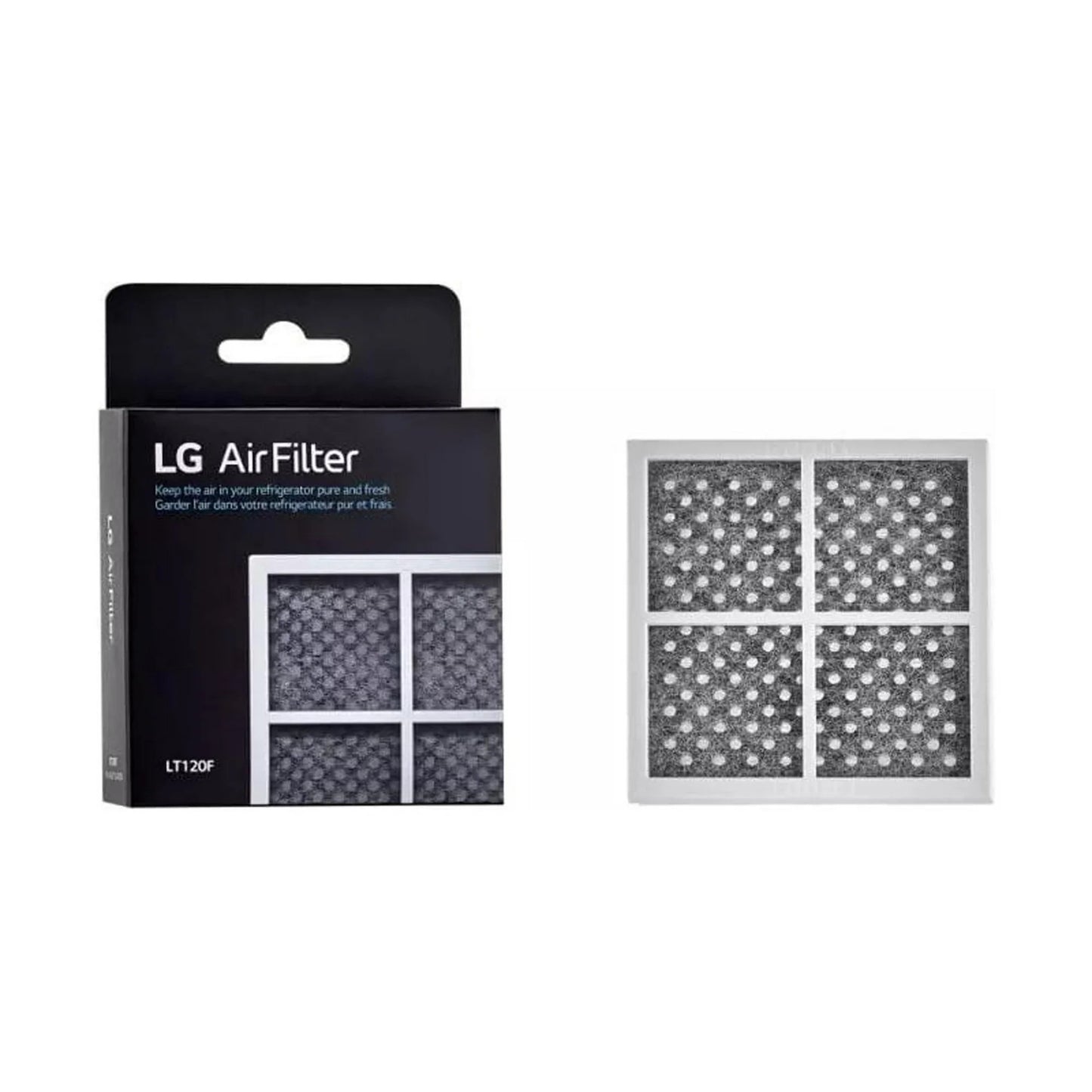 LG LT120F Refrigerator Air Filter packaging with air filter on a white background