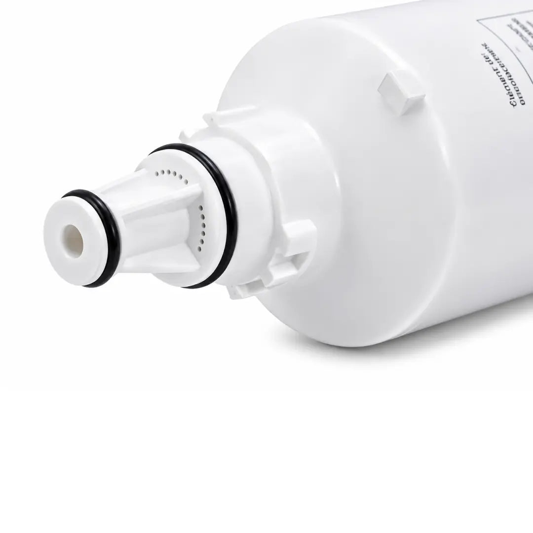 Close-up view of the LG LT600P refrigerator water filter connector end showing dual O-ring seals and precision-fit twist-lock connection design for compatible LG and Kenmore refrigerators.