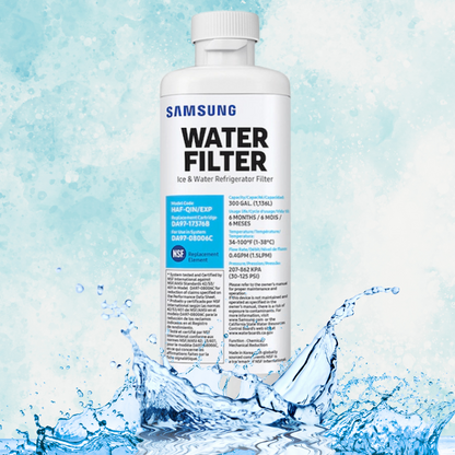 Samsung refrigerator RF28T5021SR water filter bottle with water splashing around on a light blue background.