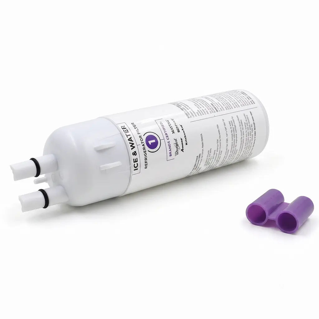 Side view of Whirlpool Water Filter W10295370A showing PUR Filter 1 branding and compatibility with multiplere frigerator models