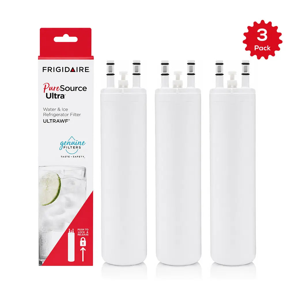 Three-pack of Frigidaire DGHF2360PF water filters displayed with PureSource Ultra ULTRAWF packaging.