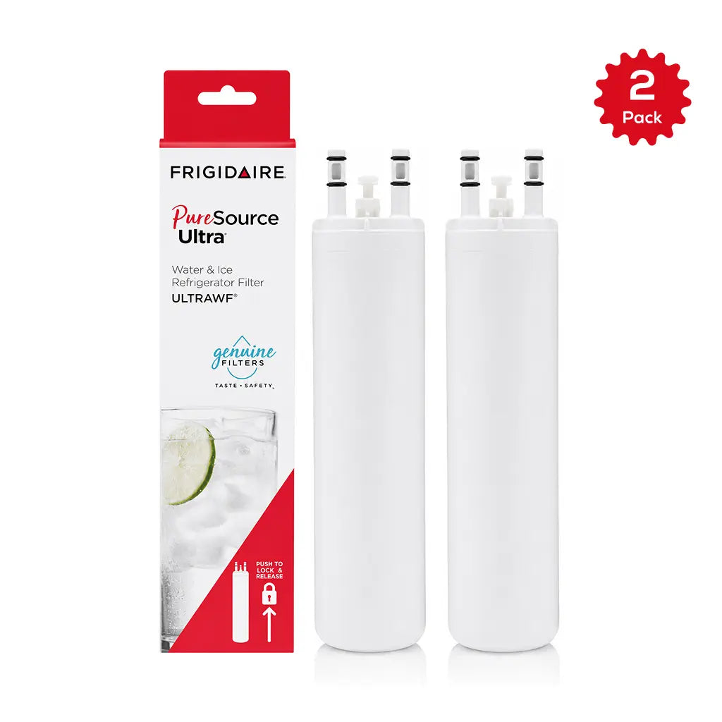 Two-pack of Frigidaire DGHF2360PF water filters displayed with PureSource Ultra ULTRAWF packaging.