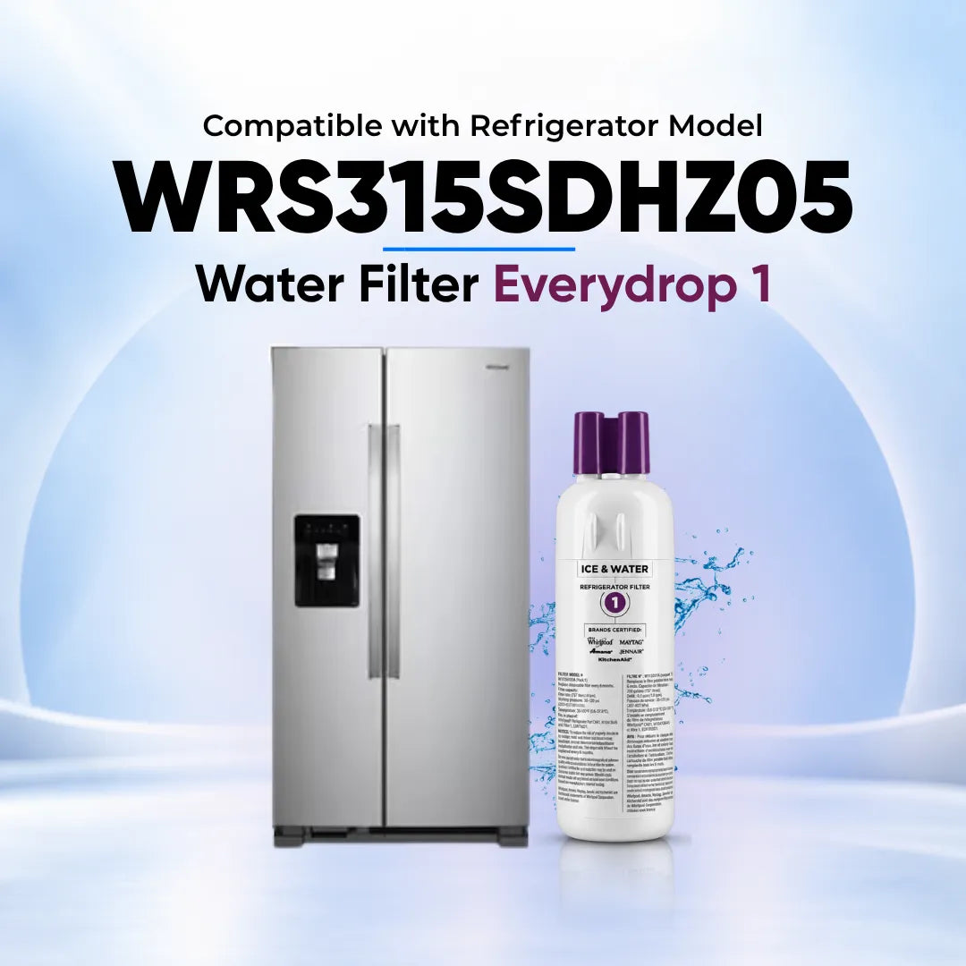 A stainless steel side-by-side refrigerator shown next to a white Everydrop 1 water filter bottle with purple caps. Text at the top reads 'Compatible with Refrigerator Model WRS315SDHZ05 Water Filter Everydrop 1' on a light blue and white graphic background.