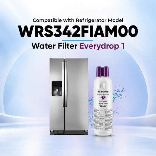Everydrop 1 Water Filter compatible with refrigerator model WRS342FIAM00, shown next to a stainless steel side-by-side refrigerator on a light blue and white graphic background with text overlays.