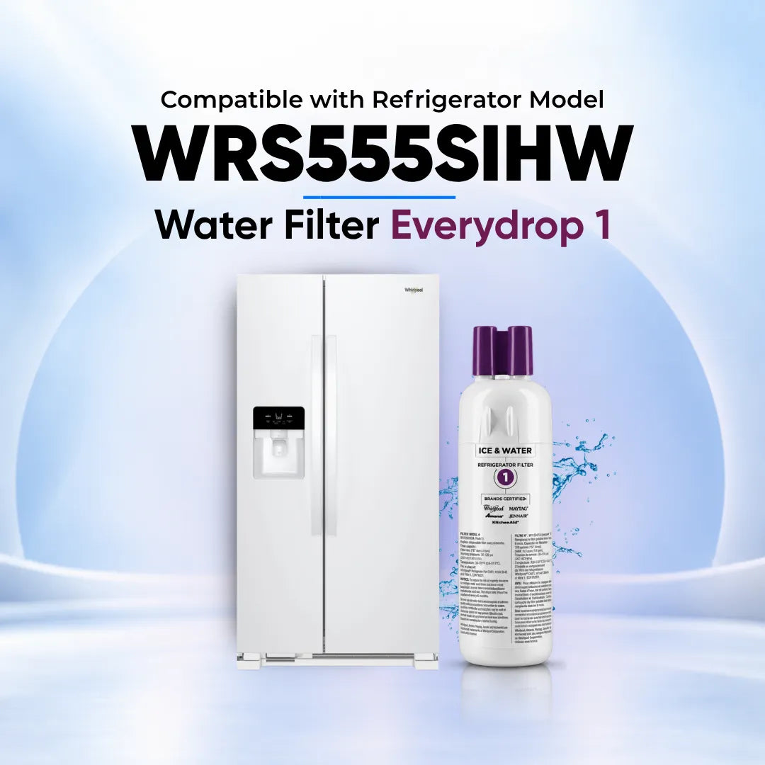 Promotional graphic featuring a white and purple Everydrop 1 ice and water filter with a water splash effect behind it, positioned next to a white Whirlpool side-by-side refrigerator. Text at the top reads "Compatible with Refrigerator Model WRS555SIHW Water Filter Everydrop 1" against a light blue circular background.