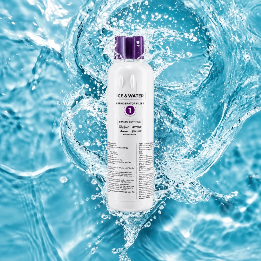 A white bottle of Everydrop Filter 1 Ice & Water Refrigerant Filter with a purple cap, centered against a dynamic background of splashing blue water.