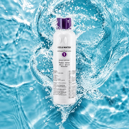 A white bottle of Everydrop Filter 1 Ice & Water Refrigerant Filter with a purple cap, centered against a dynamic background of splashing blue water.