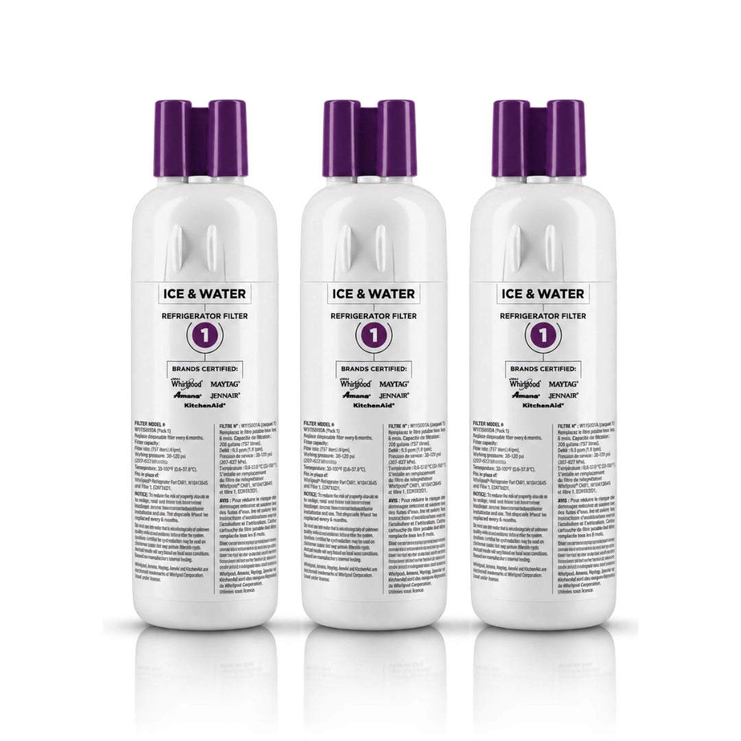 Whirlpool model WRS555SIHW compatible Everydrop 1 water filter (3-pack) isolated on a white background.
