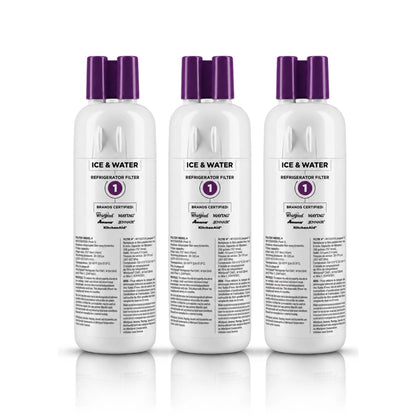 Whirlpool model WRS555SIHW compatible Everydrop 1 water filter (3-pack) isolated on a white background.
