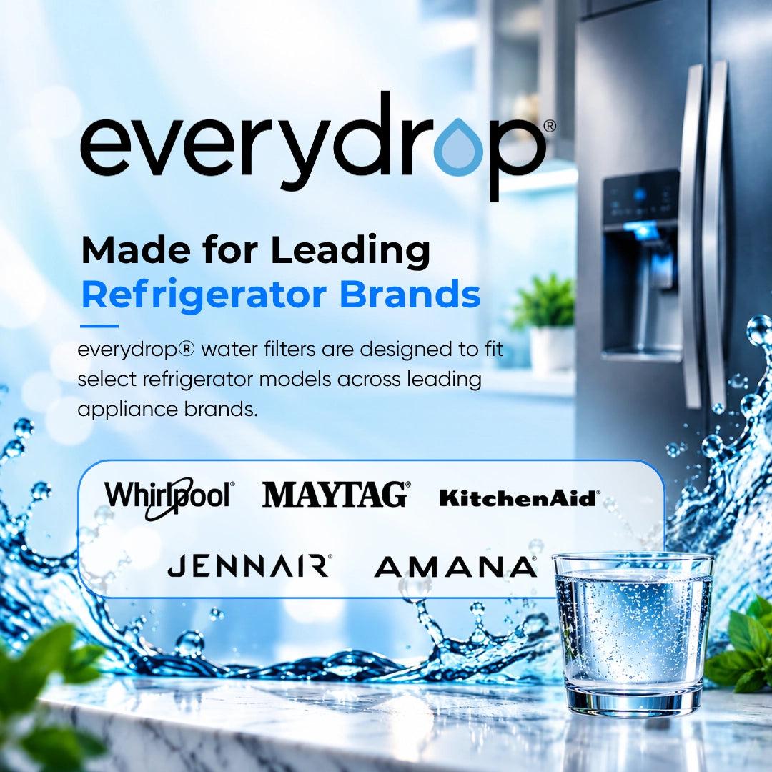 Promotional graphic for Everydrop water filters, featuring the brand name, text about fitting refrigerator models, a row of compatible appliance brands including Whirlpool, Maytag, KitchenAid, Jennair, and Amana, and a glass of clear water on a kitchen counter with a refrigerator in the background.