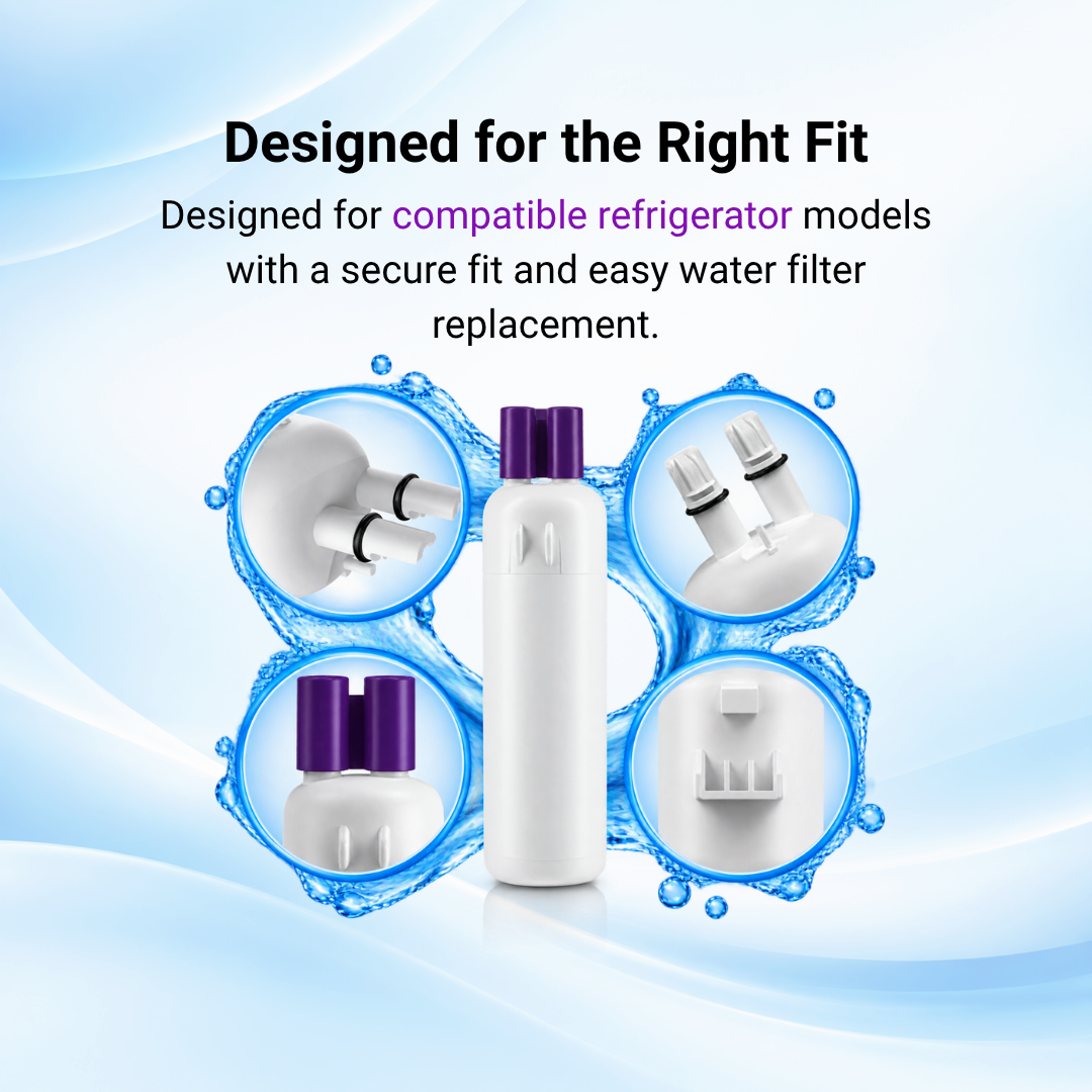 Whirlpool model WRS586FLDM01 compatible water filter showing close-up views of the dual O-ring ports and locking tabs for an easy replacement.