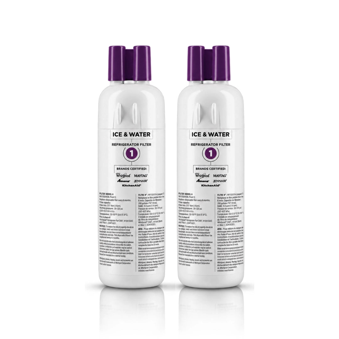 Whirlpool model WRS586FLDM01 compatible Everydrop 1 water filter (2-pack) isolated on a white background.