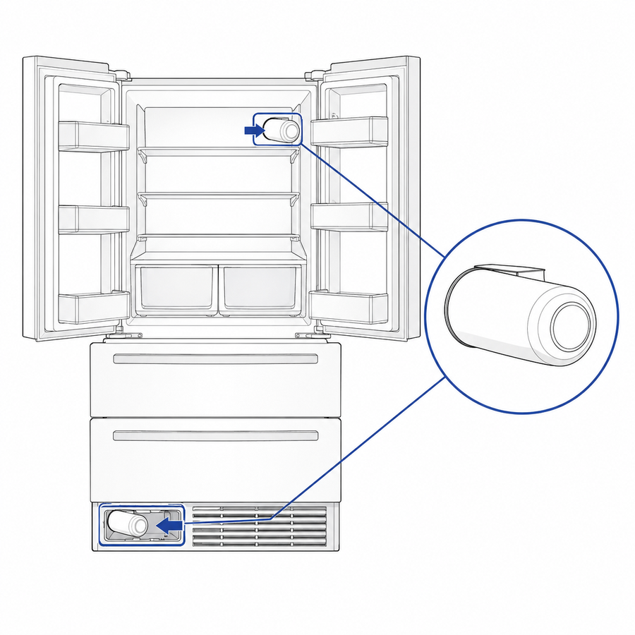French 3 Door refrigerator filter located in upper right interior/Base Grill
